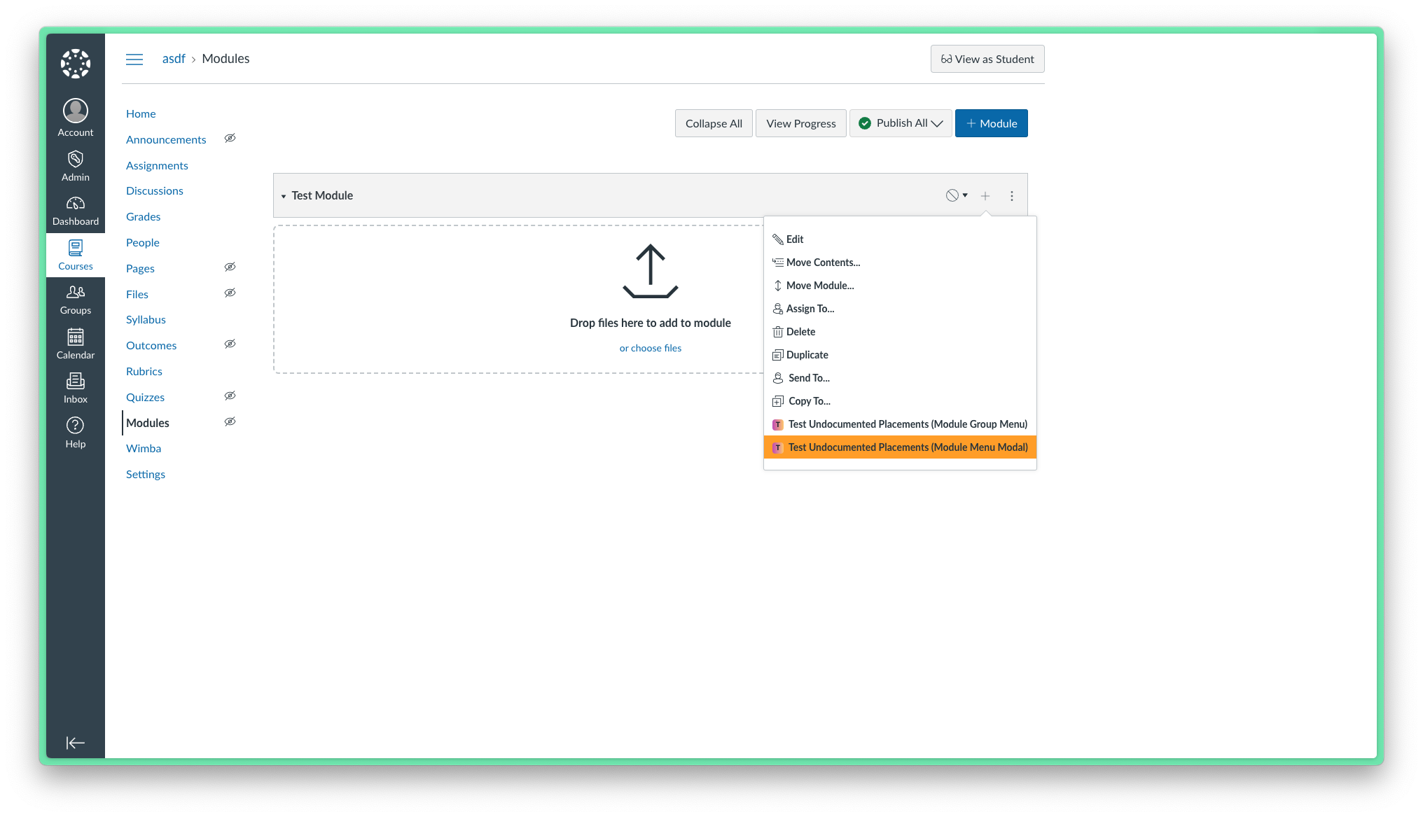 A screenshot of the Module Menu Modal placement within Canvs, located underneath the three-dot menu in any module group.